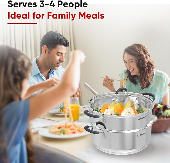 SUNHOUSE - 5.5 Quart Steamer Pots With Lid 2-Tier Multipurpose Stainless Steel Steaming Pot Cookware With Handle For Vegetable, Dumpling, Sauce, Food - Triple Bottom, Measurement Line