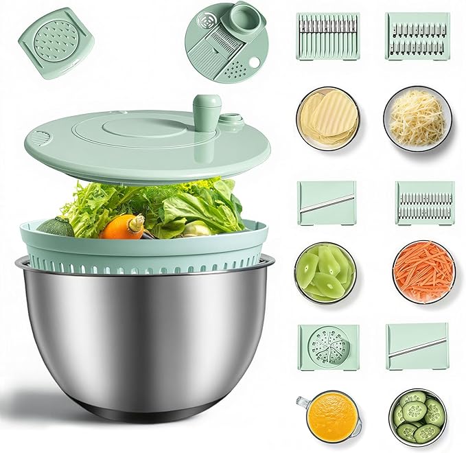 Stainless Steel Salad Spinner 3-in-1, One-Touch Stop and Non-Slip Base, Vegetable Dryer for Kitchens, Parties, and Health-Conscious People, 5.3 Qt