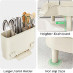 SAYZH Dish Drying Rack - Expandable Dish Rack for Kitchen Counter, Rust-Resistant Dish Drainer with Utensil Holder and Raised Guardrail, Kitchen Organizer for Cup and Bottle (Beige)