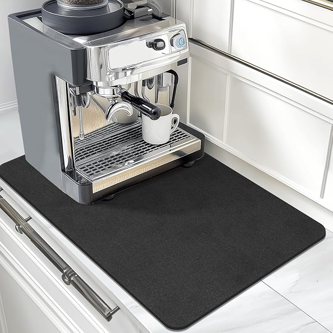 Findosom Dish Drying Mat, 16"x 24" Super Absorbent & Hide Stain Coffee Mat, Cuttable Drying Mat for Kitchen Counter, Coffee Bar Accessories, Under Dish Rack, Coffee Maker, Espresso Machine, Black-2