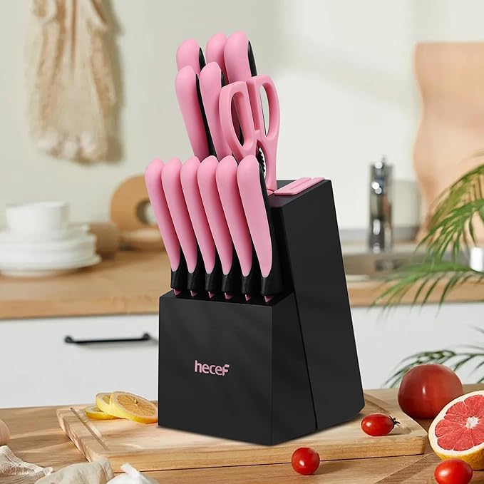 hecef 13 Pieces Kitchen Knife Set with Built-in Sharpening Wooden Block, Dishwasher Safe, High Carbon Stainless Steel Knife Block Set with Steak Knives, Kitchen Scissors, Pink