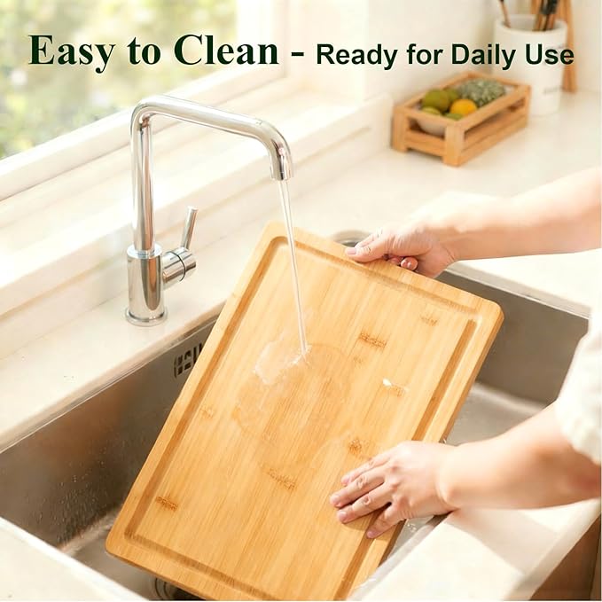 Bamboo Cutting Board Set of 3 with Stand, Wood Chopping Boards for Kitchen, Reversible Butcher Block with Juice Groove & Handle, Different Size Boards for Meat, Vegetables, Fruit, Charcuterie