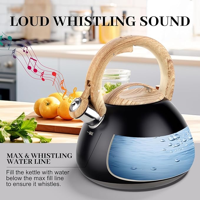 MARSKITOP Tea Kettle for Stove Top, Whistling Kettle Teapot for Stovetop, Food Grade Stainess Steel Teakettle with Cool Touch Ergonomic Handle, 2.6 Quart, Black