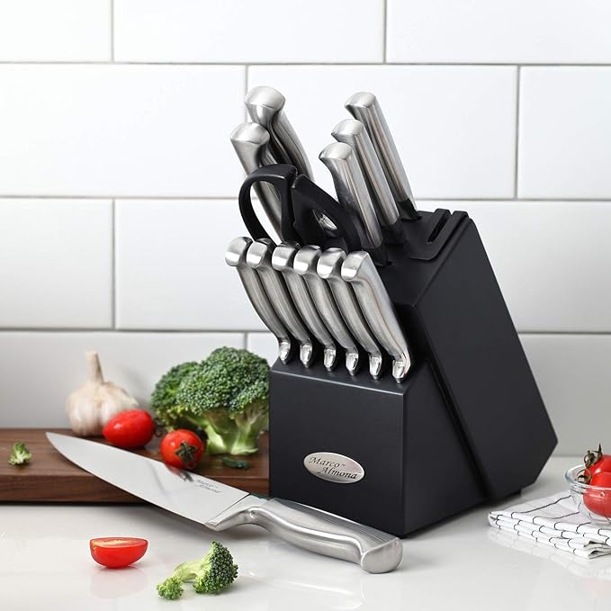 Marco Almond® Knife Set with Block KYA28, 14 Pieces Stainless Steel Chef Cutlery Kitchen Knives Block Set with Built-in Sharpener