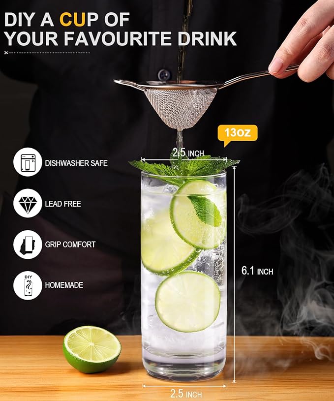 LUNA & MANTHA Highball Glasses Set of 6, 13 OZ Drinking Glasses, Lead-Free Crystal Water Glass, Tall Glass Cups for Cocktail, Tom Collins, Mojito, Mixed Drink, Kitchen and Bar Glassware