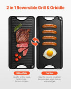 VEVOR Reversible Grill/Griddle, 20x10 inch Pre-Seasoned Cast Iron Griddle, Portable Rectangular Pan with Handle, Family Cookware for Indoor/Outdoor Stove Top Burner, Gas, Camping BBQ, Black