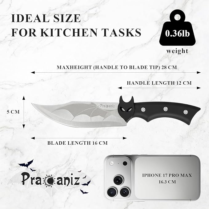 Pracaniz Bat Design Kitchen Knife - Unique Gothic Themed Cutlery, Stainless Steel Blade with Decorative Handle for Cooking and Collecting