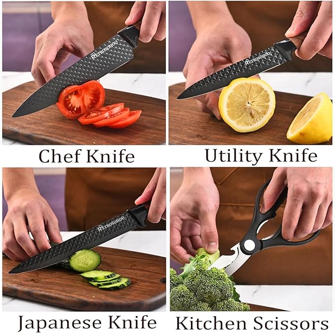 Kitchen Knife Set, Retrosohoo 6-Pieces Khaki Sharp Knife Block Set for Kitchen, Non-stick Non-slip Stainless Steel Chef Knife Set with Universal Knife Block Suitable for Home Restaurant (Black)