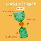 ban.do Retro Cocktail Measuring Jigger, Double Jigger Shot Glass, 1/2 and 1 Shot Measuring Cup, Vintage Style Green Glass Bar Tool for Measuring and Bar Cart Decor (Tipsy Turvy Green)