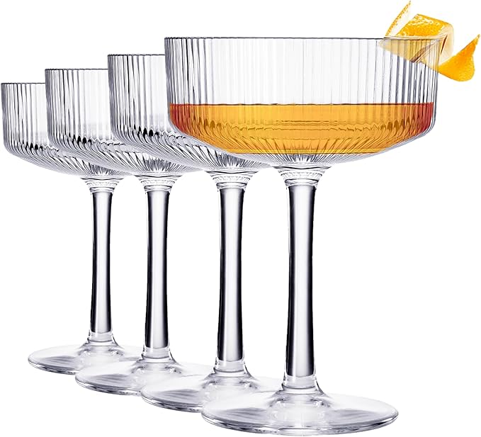 Khen Vintage Art Deco Shatterproof Coupe Martini, Champagne & Cocktail Glasses | Set of 4 | Acrylic Ribbed Glasses 8 oz Ripple Glassware Classic Cocktail Glassware Indoor & Outdoor, European Design