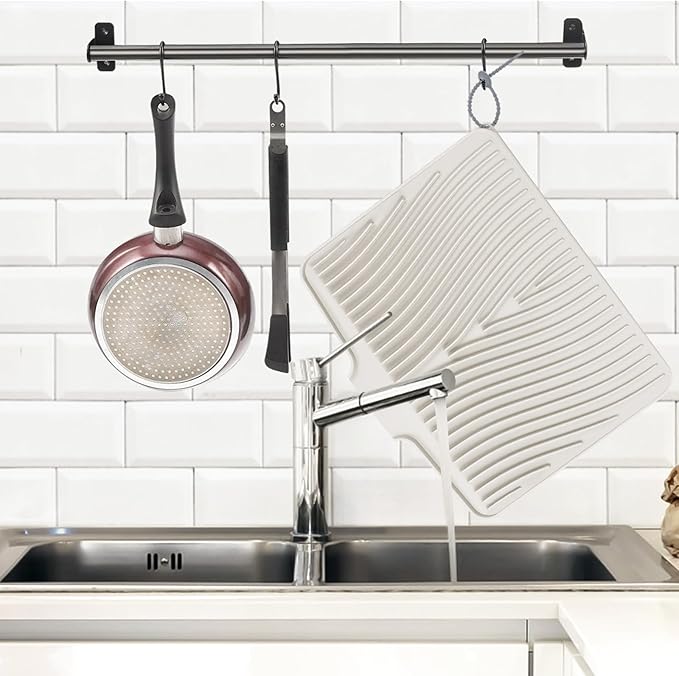 TIKNIK Silicone Dish Drying Mat, Stone Drying Mat for Kitchen Counter with Built-In Drain, Non-Slip Drain Pad with Built-in Drain, Heat Resistant Stone Drying Mat, Hangable, Cream-1pcs, 16" x 12"