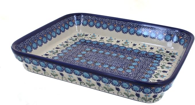 Blue Rose Polish Pottery - Blue Savannah Small Rectangular Baker - 10.25" x 8" - Unique, Dishwasher Safe, & Durable Bakeware