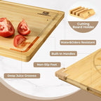 Piklohas Large Bamboo Cutting Boards Set of 4 for Kitchen, Bamboo Charcuterie Chopping Board with Holder Non Slip, Steak Serving Tray with Juice Groove, Big Butcher Block for Cheese, Ideal for Gift