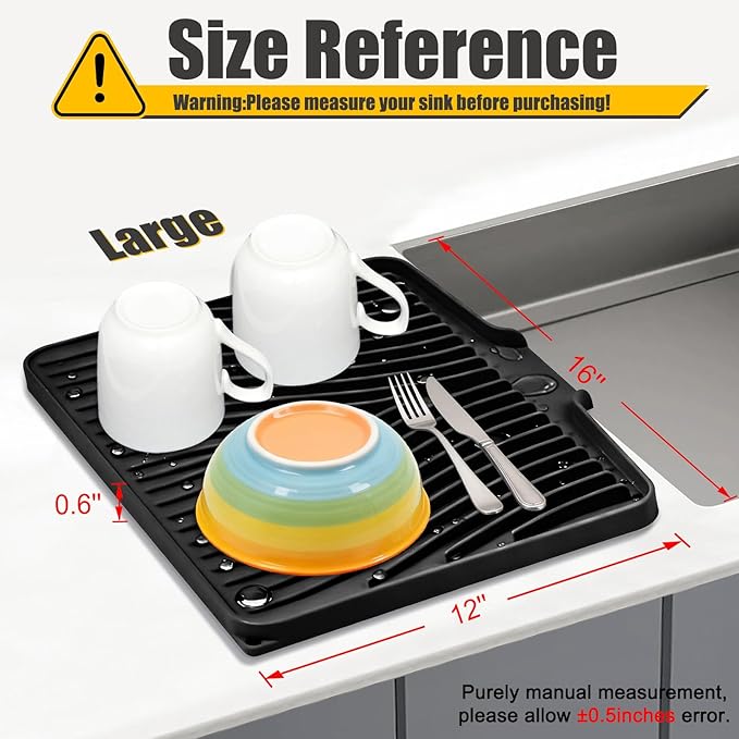 TIKNIK Silicone Dish Drying Mat, Stone Drying Mat for Kitchen Counter with Built-In Drain, Non-Slip Drain Pad with Built-in Drain, Heat Resistant Stone Drying Mat, Hangable, Black-1pc, 16" x 12"