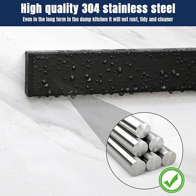 Dmore magnetic knife holder for wall—with 2 hooks, No Drilling 10 Inch black knife magnetic strip, Powerful knife magnet rack, include Adhesive Tape and screws for Knives, Utensils, and Tools