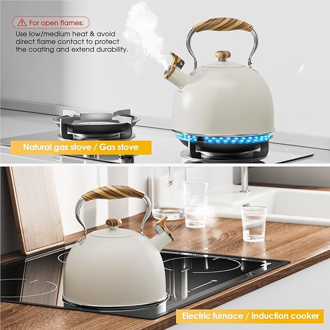 2.6 Quart Tea Kettle Stovetop Whistling for Stove Top, Food Grade Stainless Steel Tea Kettles with Cool Wood Pattern Handle, Cream