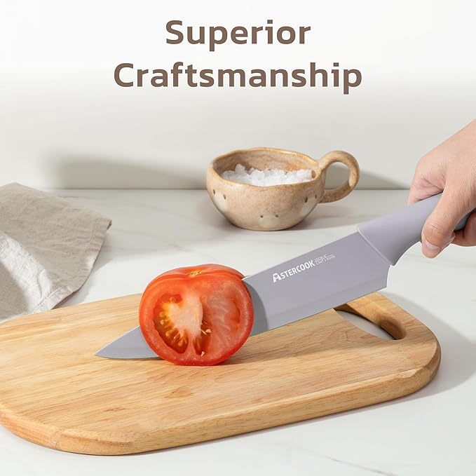Astercook Knife Set, 13 Pieces Kitchen Knives Set with Healthy Anti-Rust Coating, Dishwasher Safe, Stainless Steel Chef Knife Sets with 6 Blade Guards, Perfect Holiday Gifts for Kitchen Morandi