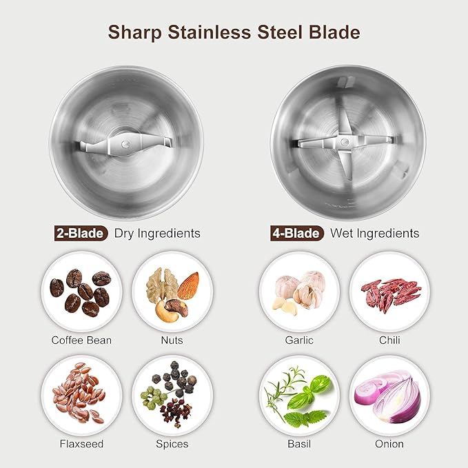 Secura Electric Coffee Grinder, Press Control Spice Grinder for Coffee Bean Seeds Herbs with 2 Stainless Steel Blades Removable Bowls, Black