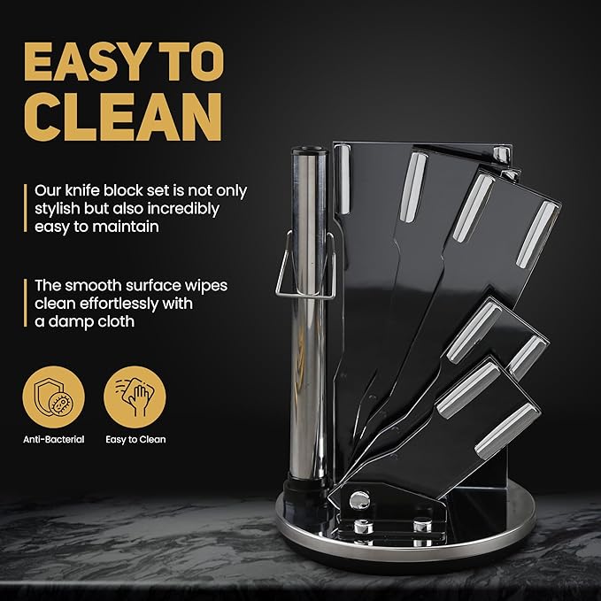 Luxury Silver & Gold Kitchen Knife Set with Block & Rod Sharpener – 8-Piece Titanium-Coated Stainless Steel Knives Set, Super Sharp Cutlery Tools, Stylish Knives Set for Kitchen