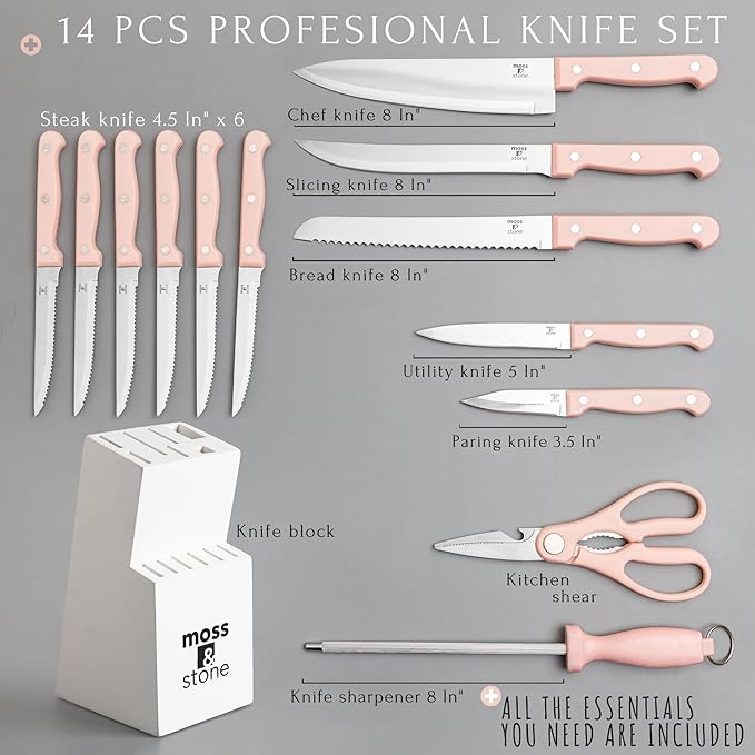Moss & Stone Pink 14 Pcs Knife Block Set Stainless Steel, Premium Forged Kitchen Knives Set with High-Carbon Blades, Ergonomic Handle, Sharp Blade, Rust Resistant, Modern Style for Home & Chef