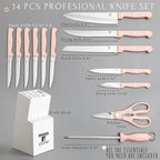 Moss & Stone Pink 14 Pcs Knife Block Set Stainless Steel, Premium Forged Kitchen Knives Set with High-Carbon Blades, Ergonomic Handle, Sharp Blade, Rust Resistant, Modern Style for Home & Chef