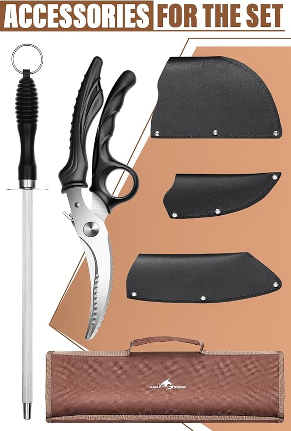 Purple Dragon Butcher Knife Set - 9 Pcs Chef Knife Set - Hand Forged Serbian Chef Knives Meat Cleaver Boning Viking Knives Kitchen Knives with Roll Bag Christmas Gift for Men and Women