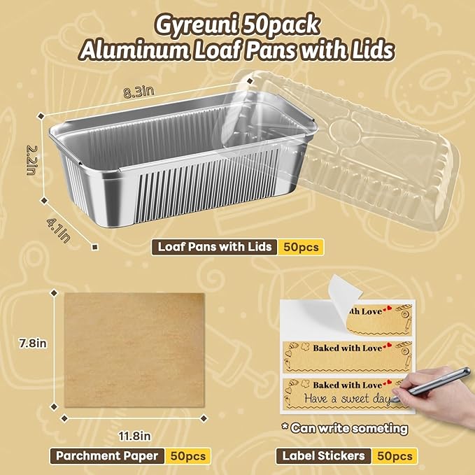 Gyreuni 50 Pack Aluminum Loaf Pans with Lids Stickers and Parchment Paper Sheets,2.4Lb Heavy Duty Aluminum Foil Premium Bread Tins - 8.3" X 4.1" X 2.2" Disposable Baking Pans