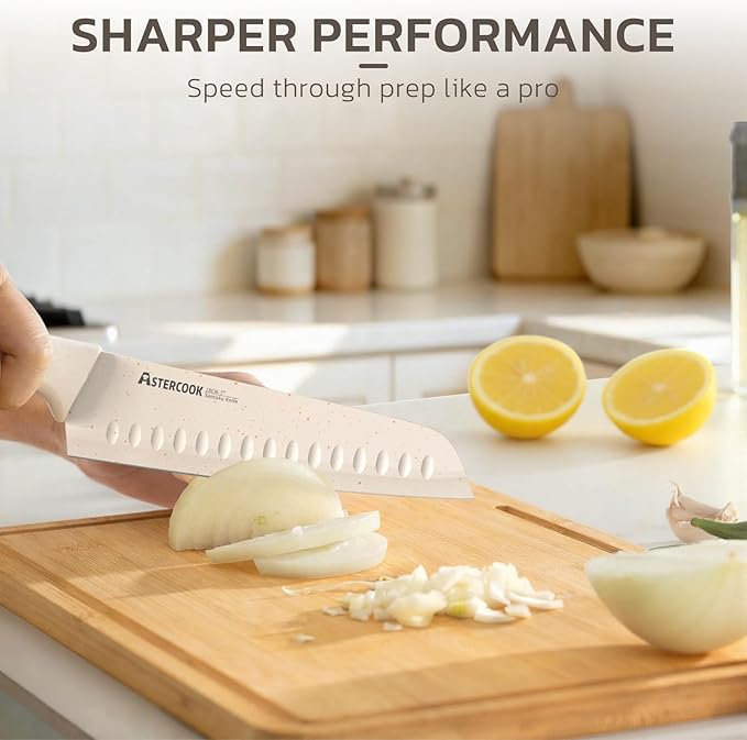 Astercook Knife Set, 15 Pieces Kitchen Knife Set with Sharpener Block, German Stainless Steel Knives Set with Anti-Rust Coating, Dishwasher Safe Elegant Cream White Knife Block Sets, Valentine's Gift