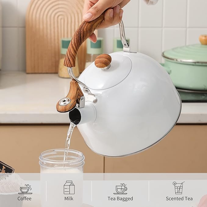 LONFFERY Tea Kettle, 2.5 Quart Whistling Tea Kettle, Tea Pots for Stove Top Food Grade Stainless Steel with Wood Pattern Folding Handle - White