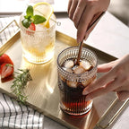 Kingrol Embossed Vintage Drinking Glasses Set of 6, 12 oz Textured Glass Tumblers, Clear Retro Water Glasses for Iced Coffee, Juice, Cocktails & Everyday Use