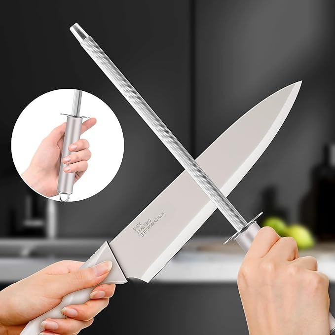 E-far Knife Set with Block, 15 Pieces Kitchen Knife Block Set with Sharpener, High Carbon Stainless Steel Sharp Chef Knife Set with Ergonomic Handles, Anti Rust, Khaki