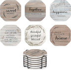 UMIRRO Rustic Farmhouse Coasters for Coffee Table Decor, Ceramic Coaster Set with Holder for Wooden Table, Cute Cup Coasters for Drinks Absorbent, Housewarming Gifts for New House/Home, 4", 6 Pack