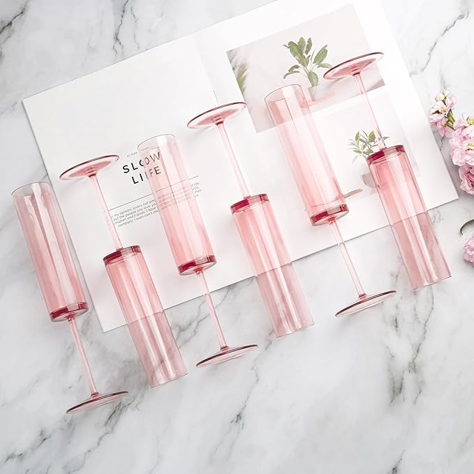 6 Pieces Acrylic Pink Champagne Flutes 5.4 OZ Square Champagne Glasses Stemmed Coupes Reusable Wedding Toasting Glasses Rose Bride Wine Glasses For Birthday Party Wedding Anniversary Christmas