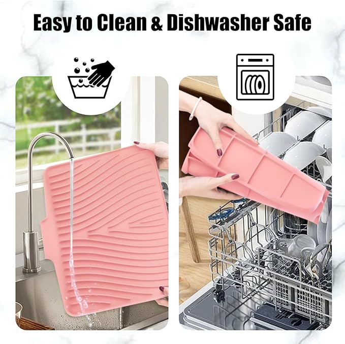 TIKNIK Silicone Dish Drying Mat, Stone Drying Mat for Kitchen Counter with Built-In Drain, Non-Slip Drain Pad with Built-in Drain, Heat Resistant Stone Drying Mat, Hangable, Pink-1pcs, 16" x 12"
