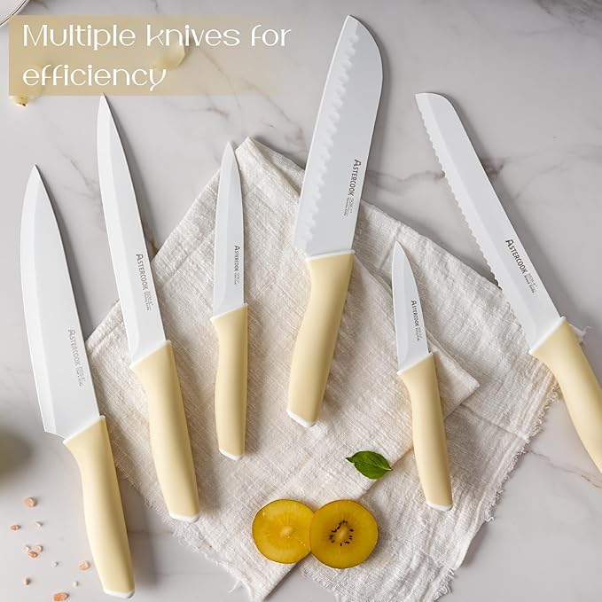 Astercook Kitchen Knife Set with Block and Sharpener 15 Piece Knives Set German High Carbon Stainless Steel Knives Sharp Blade Dishwasher Safe Deba Knives with Ergonomic Handle