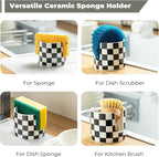 Checkered Kitchen Sink Sponge Holder, Dish Sponge Rack Ceramic Brush Holder Farmhouse Kitchen Drying Rack for Brush, Scrubbers, Bathroom, Sink, Black and White