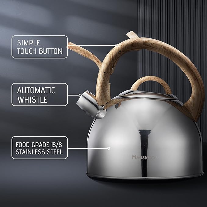 MARSKITOP Whistling Tea Kettle for Stove Top, Food Grade Stainless Steel Tea Pot with Wooden Pattern Handle, Loud Whistle Water Kettle Teapot, 2.64 Quart, Silver
