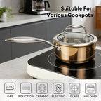 Macevia Sauce Pan with Glass Lid, 18/10 Stainless Steel Pot with Stay-Cool Handle, For All Stoves Multipurpose Use for Home Kitchen or Restaurant (1 Quart)- Rose Gold