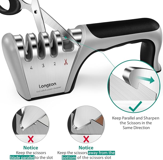 Longzon 5-in-1 Knife Sharpener 4 Stage with Cut-Resistant Glove, Quickly Sharpens & Restores Dull Blades, Easy & Safe for Home Kitchen Use, Fits Most Knives and Scissors, Black+Silver