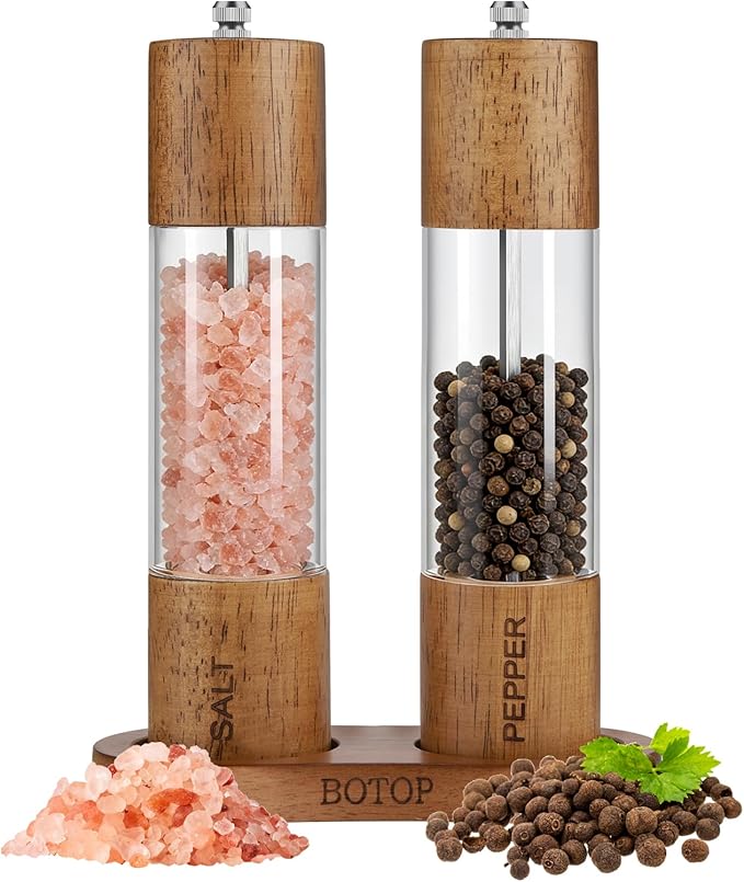 Premium Acrylic Salt and Pepper Shakers, 2Pack Manual Salt and Pepper Grinder Set with Base, Wooden Refillable Pepper Grinder with Adjustable Ceramic Core - 8 Inches