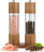 Premium Acrylic Salt and Pepper Shakers, 2Pack Manual Salt and Pepper Grinder Set with Base, Wooden Refillable Pepper Grinder with Adjustable Ceramic Core - 8 Inches