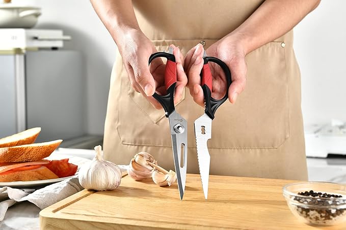 Kitchen Scissors - Heavy Duty Utility Come Apart Kitchen Shears for Chicken, Meat, Food, Vegetables - 9.25 Inch Long Black & Red