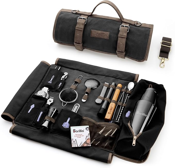 Barillio Bartender Kit Bag with Black Cocktail Shaker Set - Waxed Canvas, Traveling Bar Tools Bag with 17-Pc Cocktail Kit - Travel Mixology Bartending Kits - Mobile Bar Roll with Strap & Accessories