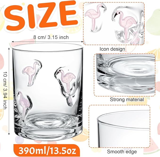 Skylety 2 Pcs Flamingo Icon Juice Glasses Drinking Cups Flamingo Gifts Old Fashioned Stemless Wine Glasses 13.5 oz Whiskey Cocktail Coffee Mugs for Summer Christmas Party Gift Decor