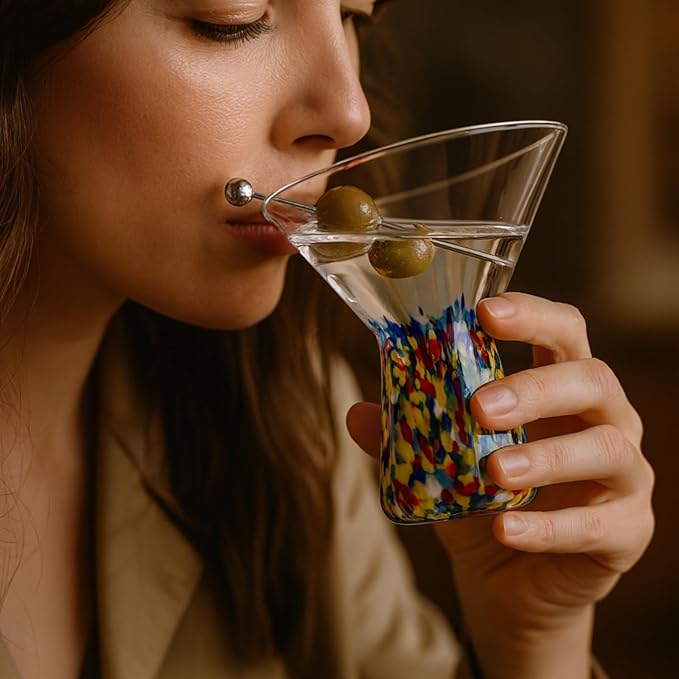 Large Stemless Martini Glasses – Set of 2-8oz Luxury Hand Blown Confetti Margarita, Martinis, Cocktails, Water, Wine, Dessert & Champagne Glasses Cinco de Mayo, Hand Blown - Mexican Confetti Glass