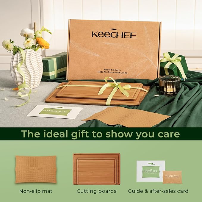 Keechee 2Pcs Cutting Board Set with Non-slip Mat, Bamboo Cutting Boards for Kitchen Meal Prep & Serving - Wood Serving Board Sets with Deep Juice Groove Ideal Kitchen Gifts