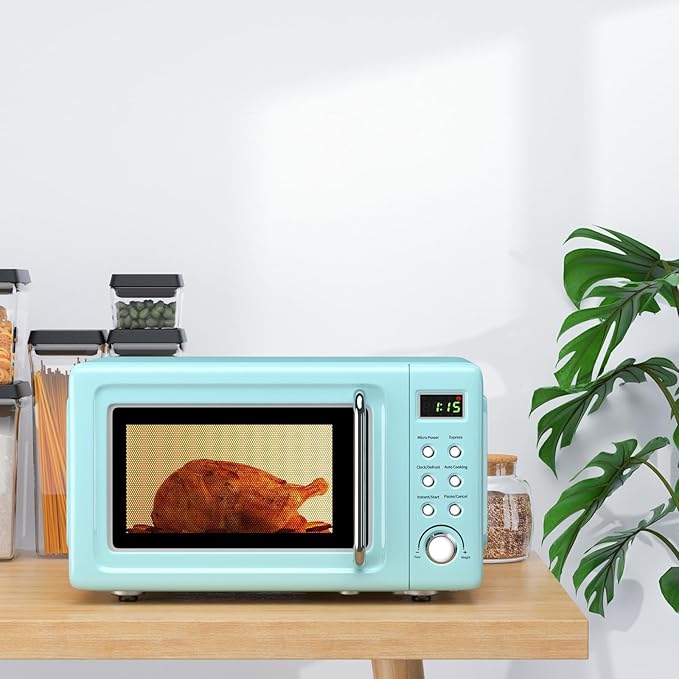 ARLIME Small Microwave, 0.7Cu.ft 700 Watt Countertop Microwave with 5 Micro Power Defrost & Auto Cooking Function, Stainless Steel Interior, LED Display, Retro Microwave for Kitchen, RV, Dorm (Green)