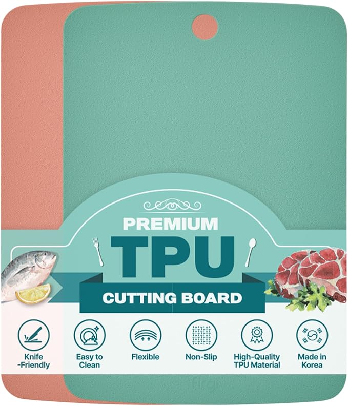 TPU Cutting Board Set of 2 9"x12" - Flexible Cutting Mats for Kitchen Knife Friendly, Cutting Mat Non-Slip Chopping Board Double Sided Scratch Resistant Food Grade Pink Mint