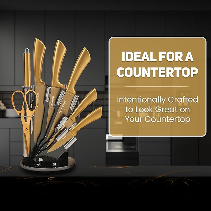 Luxury Silver & Gold Kitchen Knife Set with Block & Rod Sharpener – 8-Piece Titanium-Coated Stainless Steel Knives Set, Super Sharp Cutlery Tools, Stylish Knives Set for Kitchen