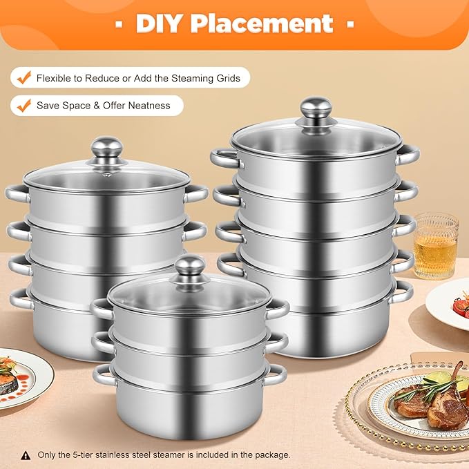 5-Tier Stainless Steel Steamer, 10.2 Inch Commercial Multi Tier Stainless Steel Cookware Pot Vegetable Meat Steamer Cooker Set w/Glass Lid for Steaming Shrimp & Miscellaneous Grains